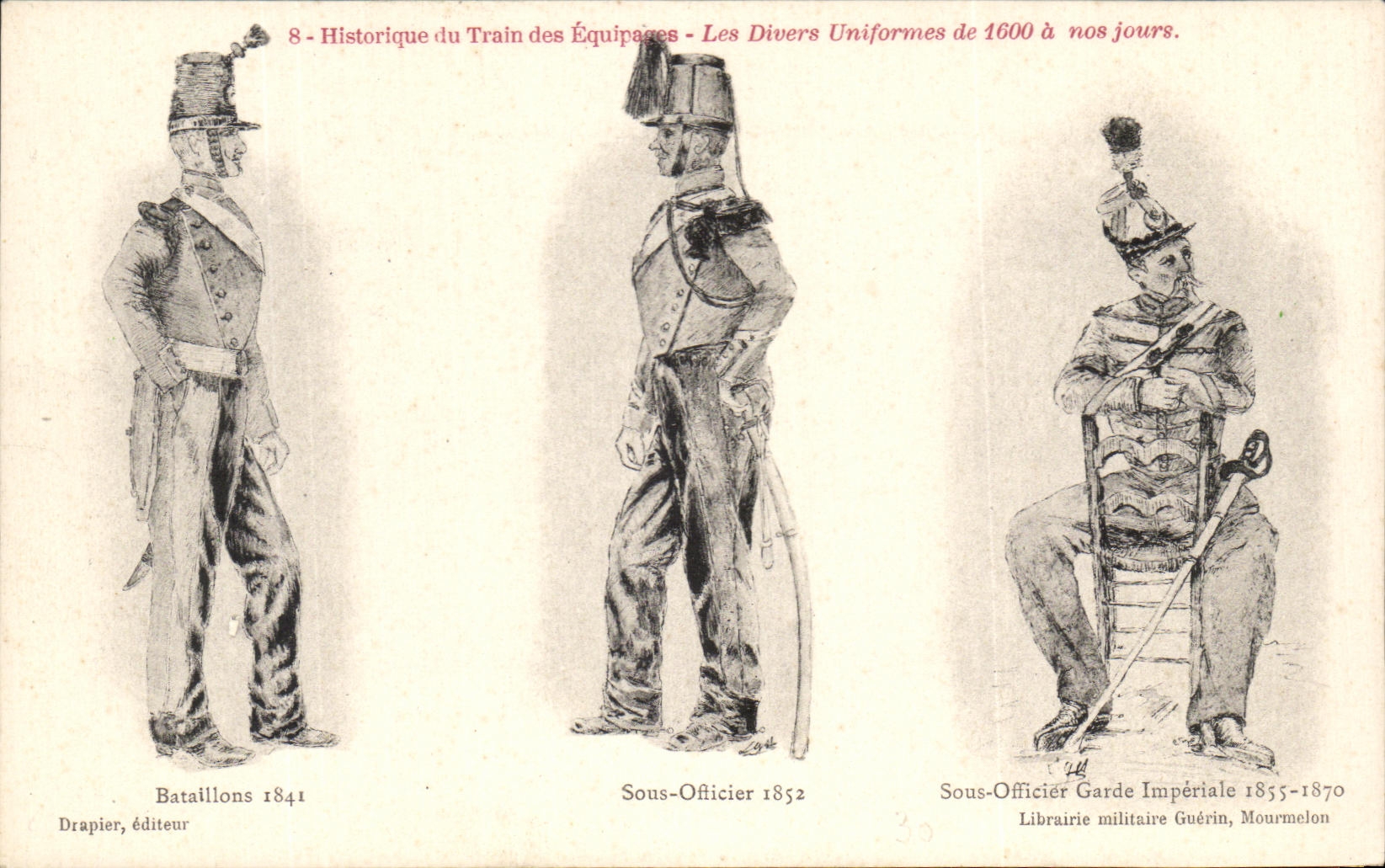 CPA Historique du Train des Equipages Les divers Uniformes Bataillons 1841 Militaria