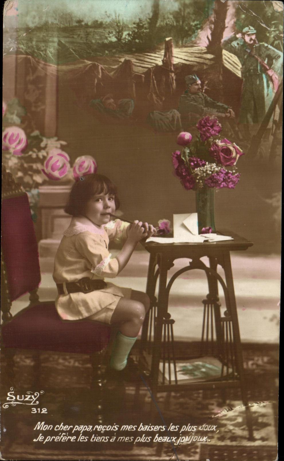 CPA Suzy My dear dad receive my kisses softest Enfant Militaria