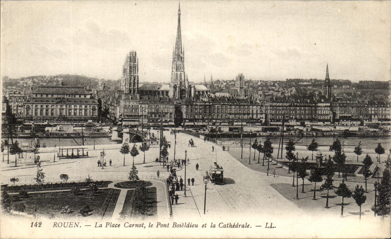 CPA Rouen La Places Carnot the Boieldieu Bridge and the Cathedral