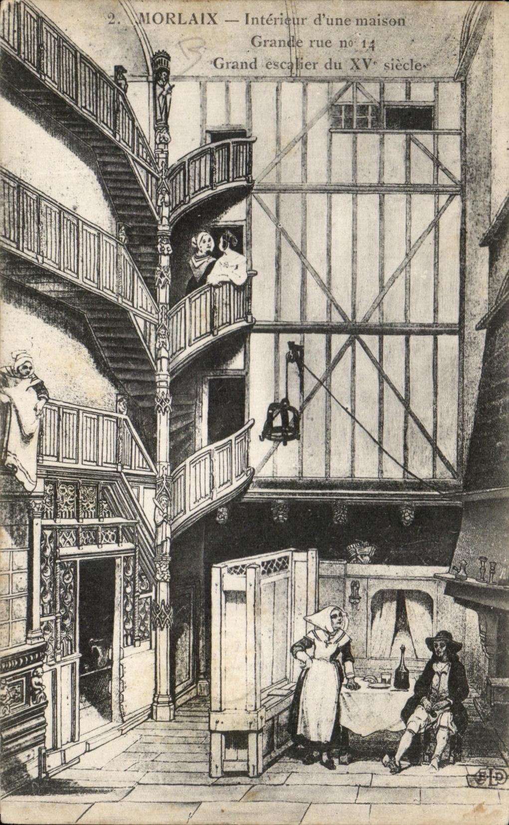 CPA Interior Morlaix of a house Main street Large staircase of 15th