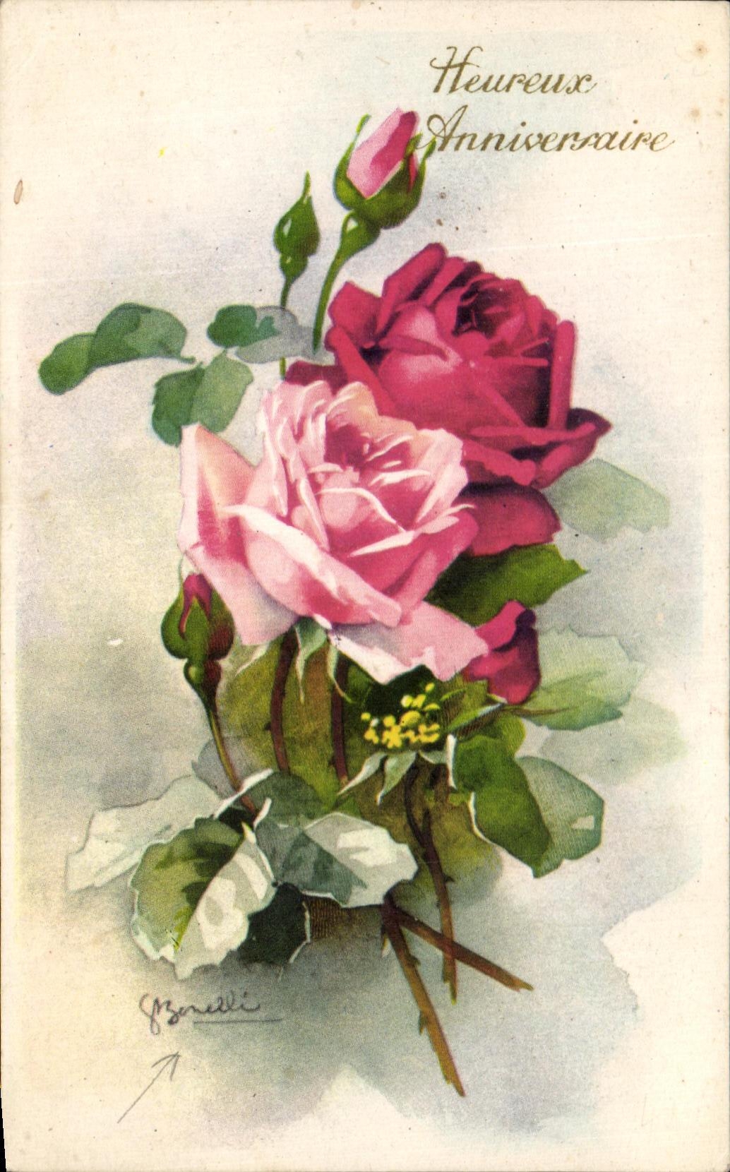 CPA Fantaisie Fleurs Roses Heureux anniversaire