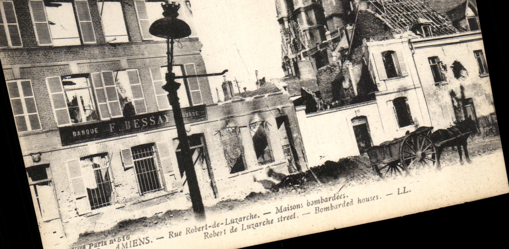 CPA Amiens Rue Robert Luzarche Maisons Bombardee Militaria Banque Bessay