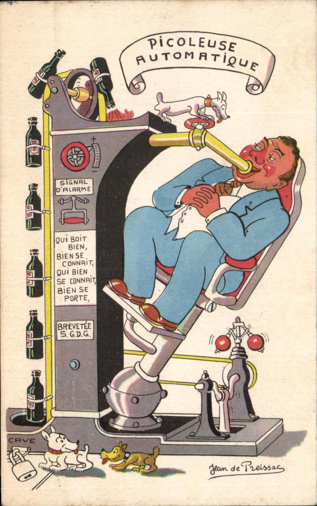 CPA Picoleuse Automatique Humour Jean de Preissac Alcool Chien Bier