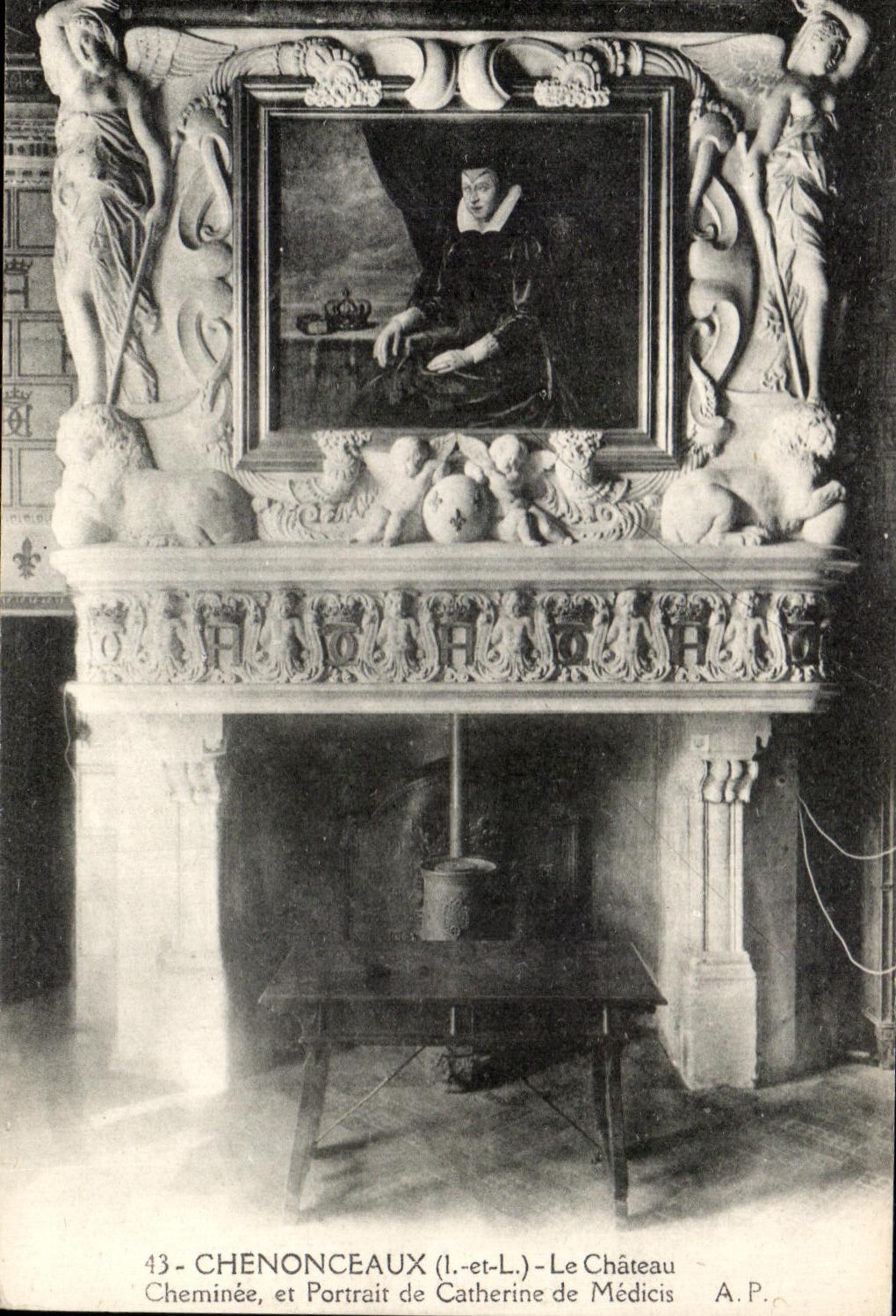 CPA Chenonceaux la chimenea del castillo y el retrato de Catherine de Medicis