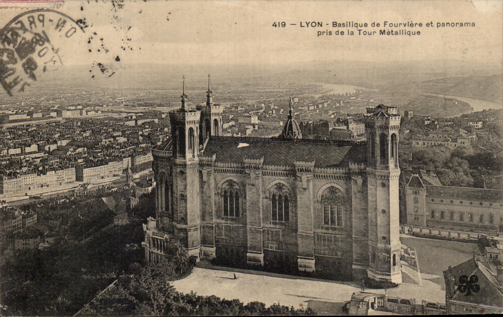 CPA Lyon Basilica of Fourviere and panorama taken of the Metaillque Tower