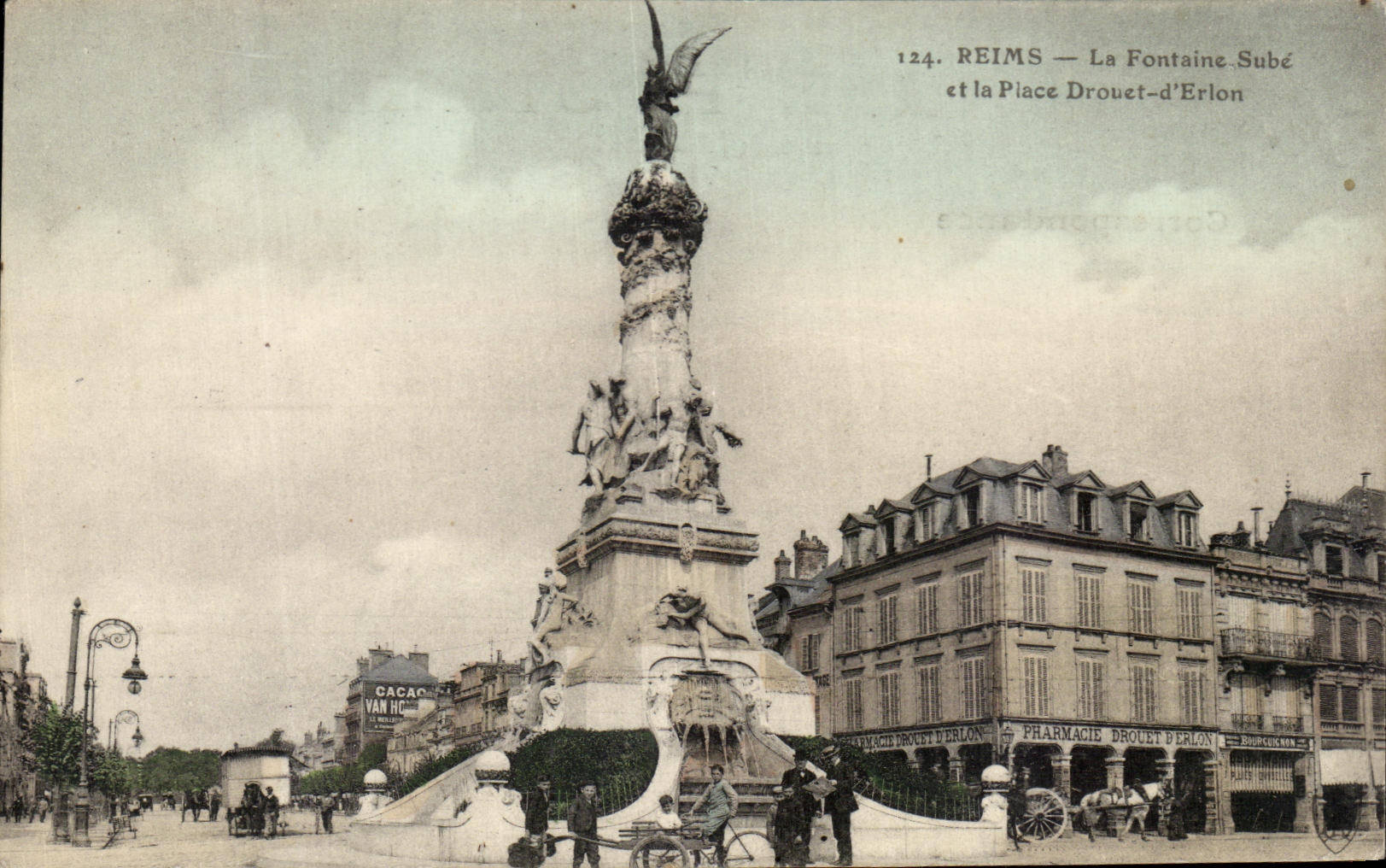 CPA Rheims the Sube Fountain and the Place Drouet d' Erlon Bicycle