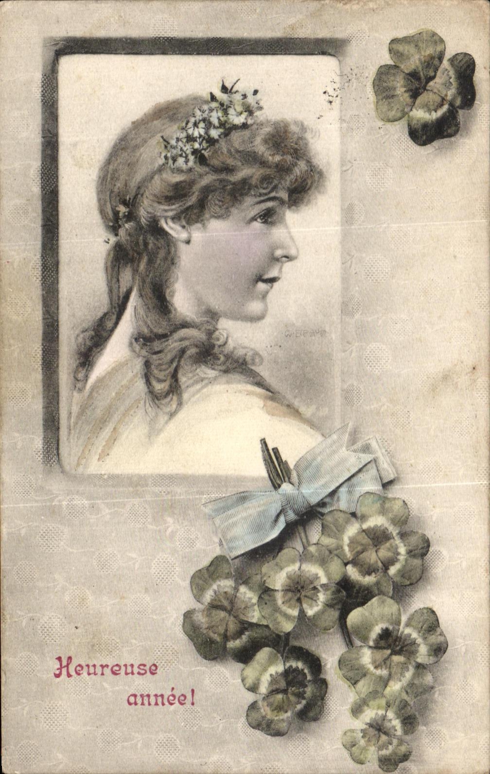 CPA Heureuse Annee Femme Trefles