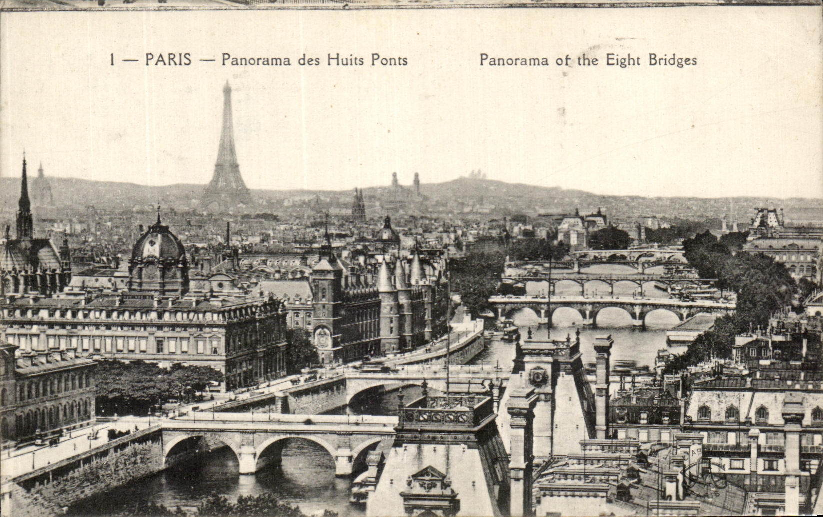 El panorama de CPA Paris de Huits tiende un puente sobre la torre Eiffel