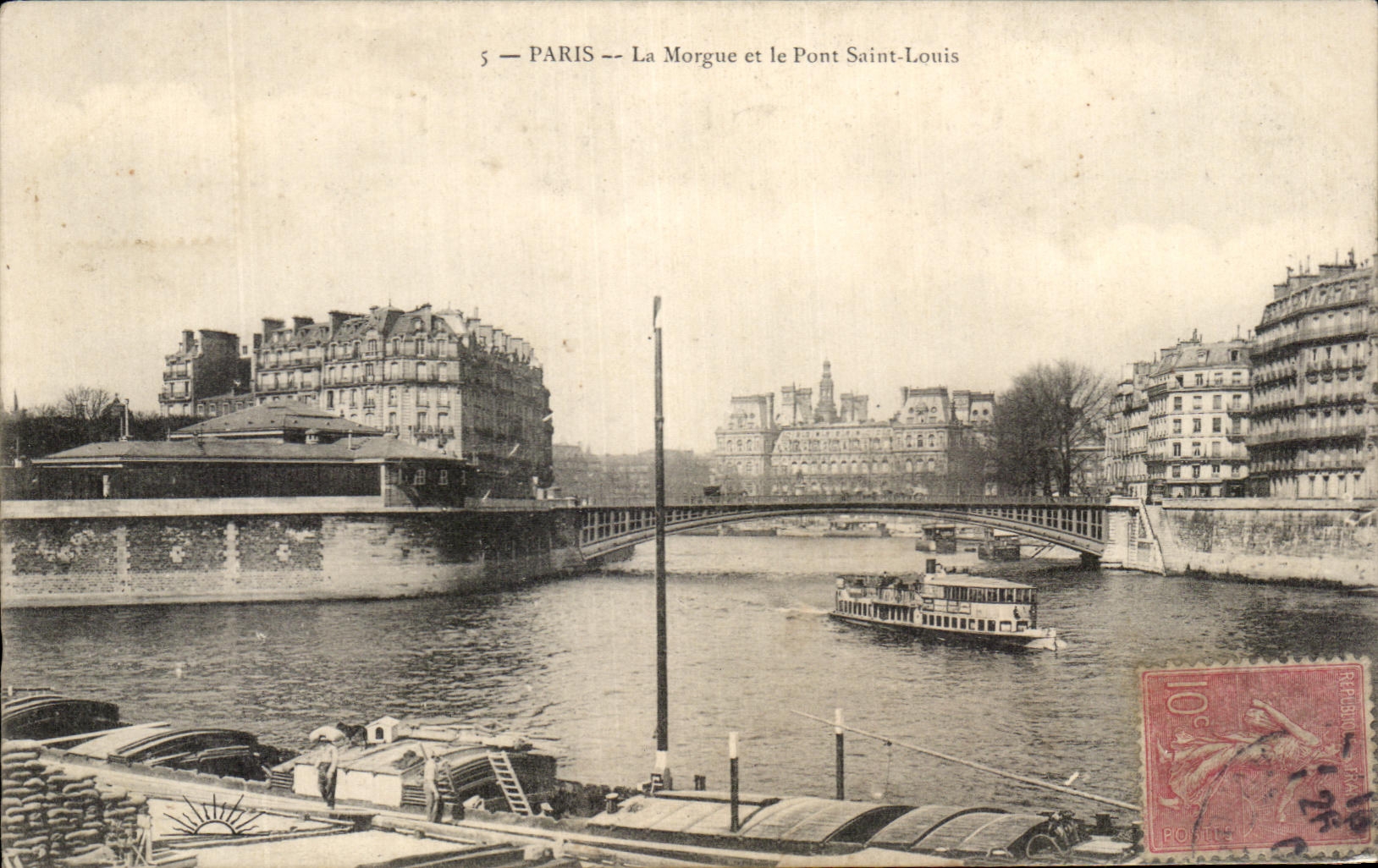 CPA Paris the Mortuary and the Bridge Saint Louis Barge
