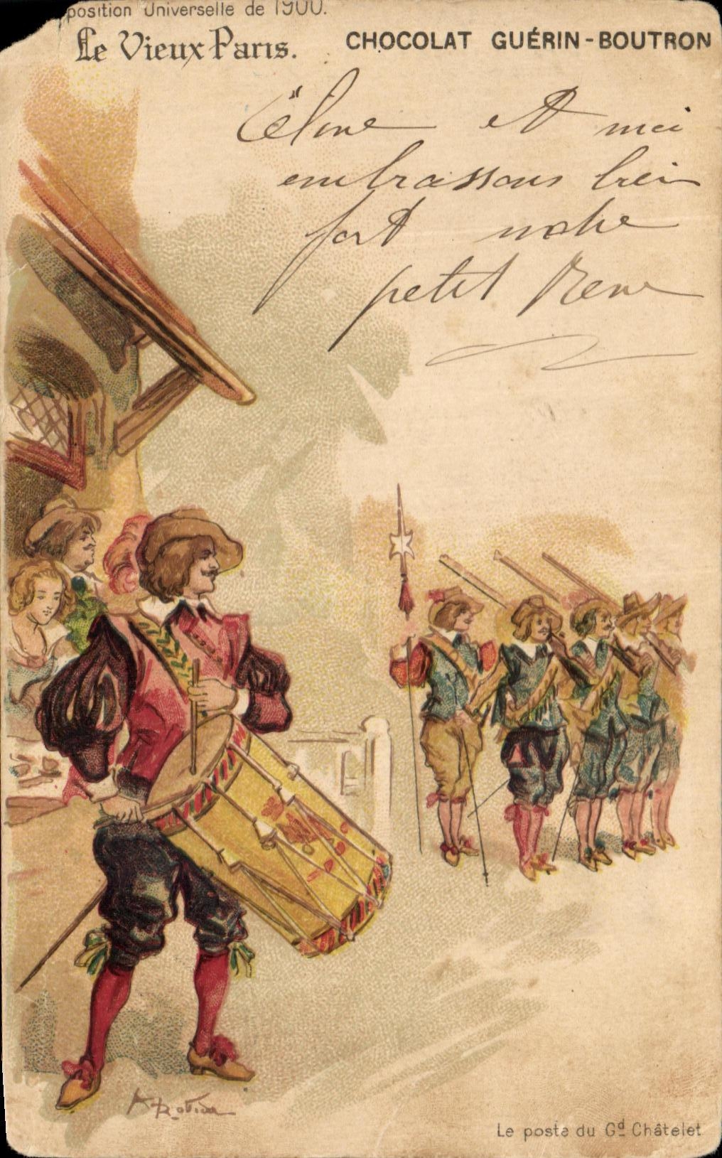 CPA Paris el universal 1900 de Guerin Boutron del chocolate de Paris del viejo hombre favorablemente la estacion de los mosqueteros grandes de Chatelet
