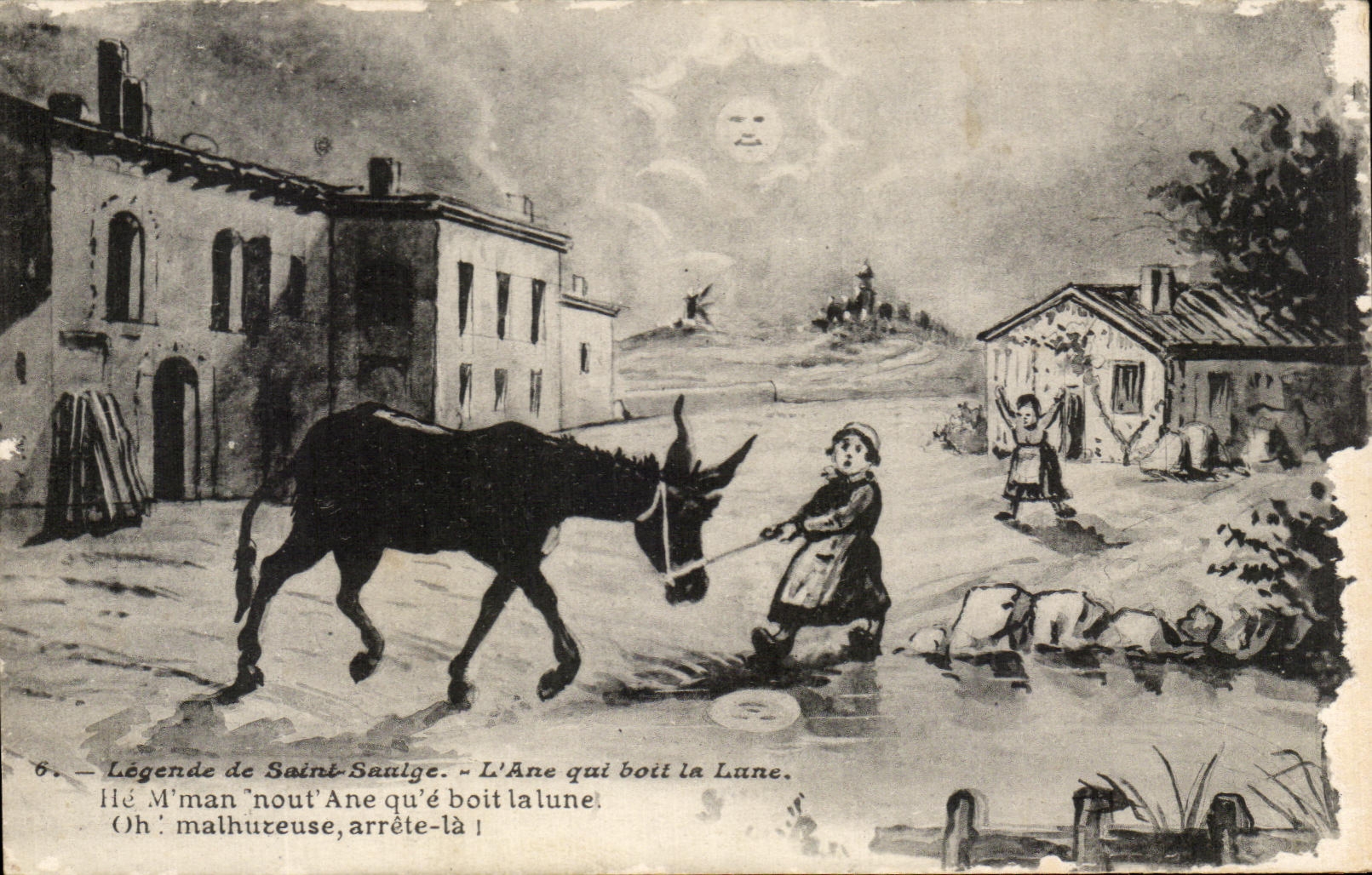 VINTAGE POSTCARD Legend of Saint Saulge L Ass who drinks the Moon Folklore