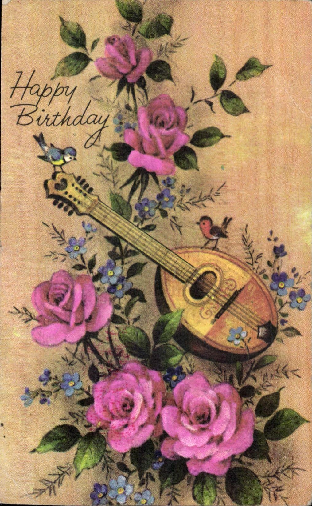 Cumpleanos de la POSTAL de la VENDIMIA el feliz florece Mandoline