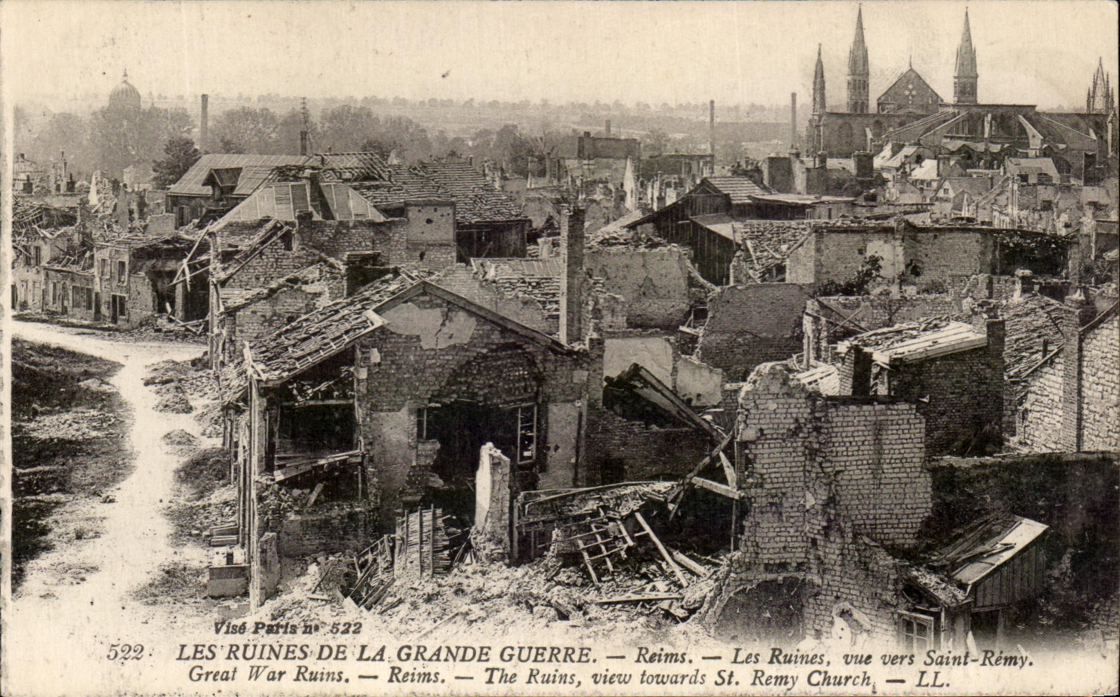VINTAGE POSTCARD Ruins Of the Rheims Great War ruins seen towards Saint Remy Militaria