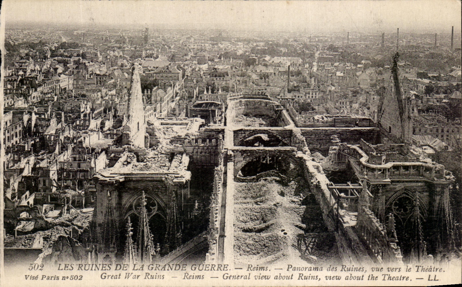 VINTAGE POSTCARD Ruins Of the Great War Rheims Panorama of the ruins towards the Militaria theater
