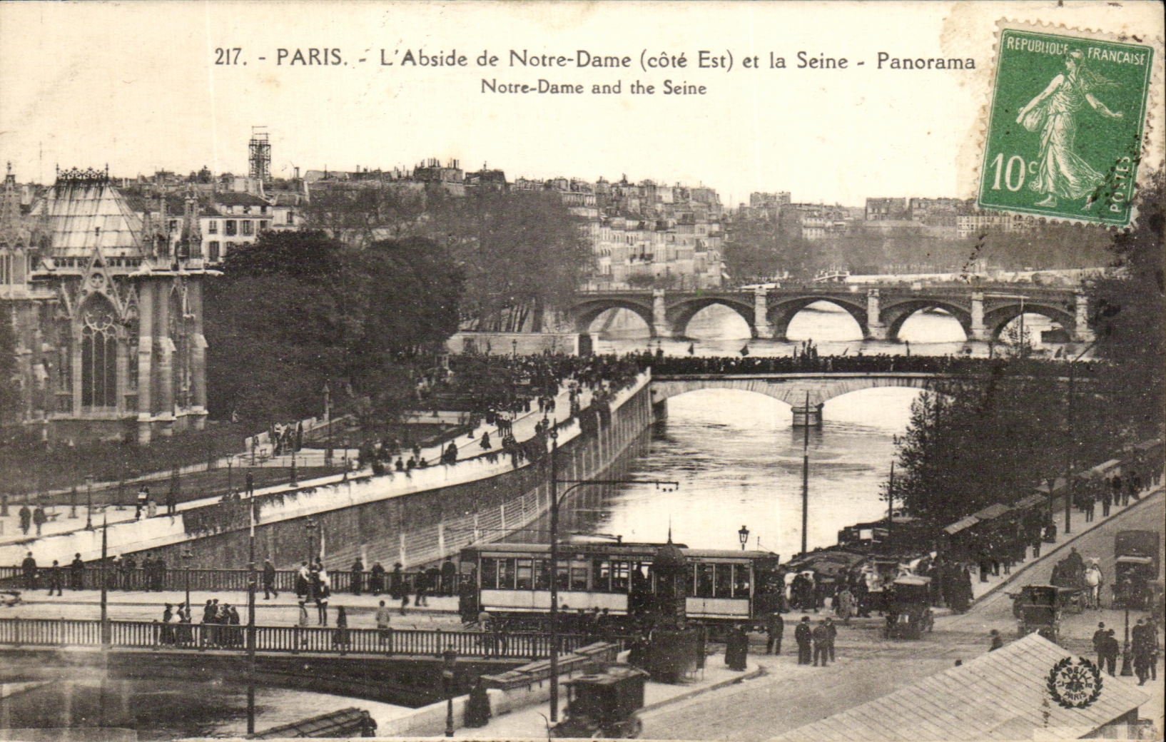 VINTAGE POSTCARD Paris L Apse of Notre Dame and the Seine Panorama Tram
