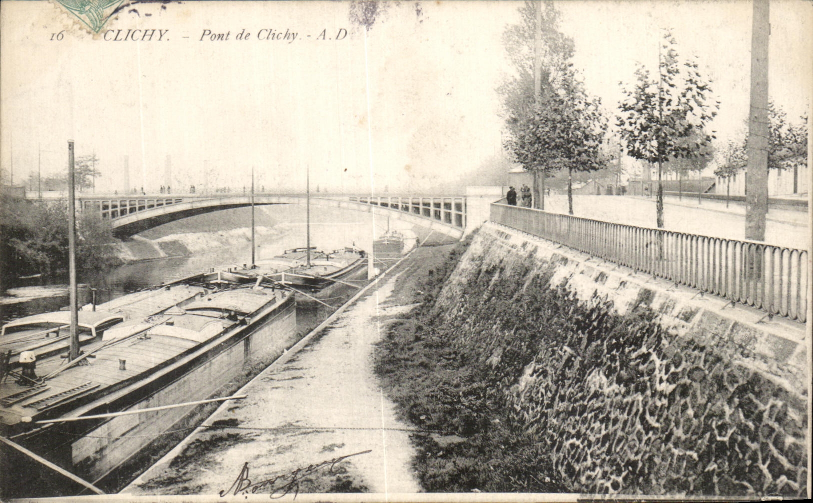 Puente de Clichy de la POSTAL de la VENDIMIA de las lanchas a remolque de Chichy