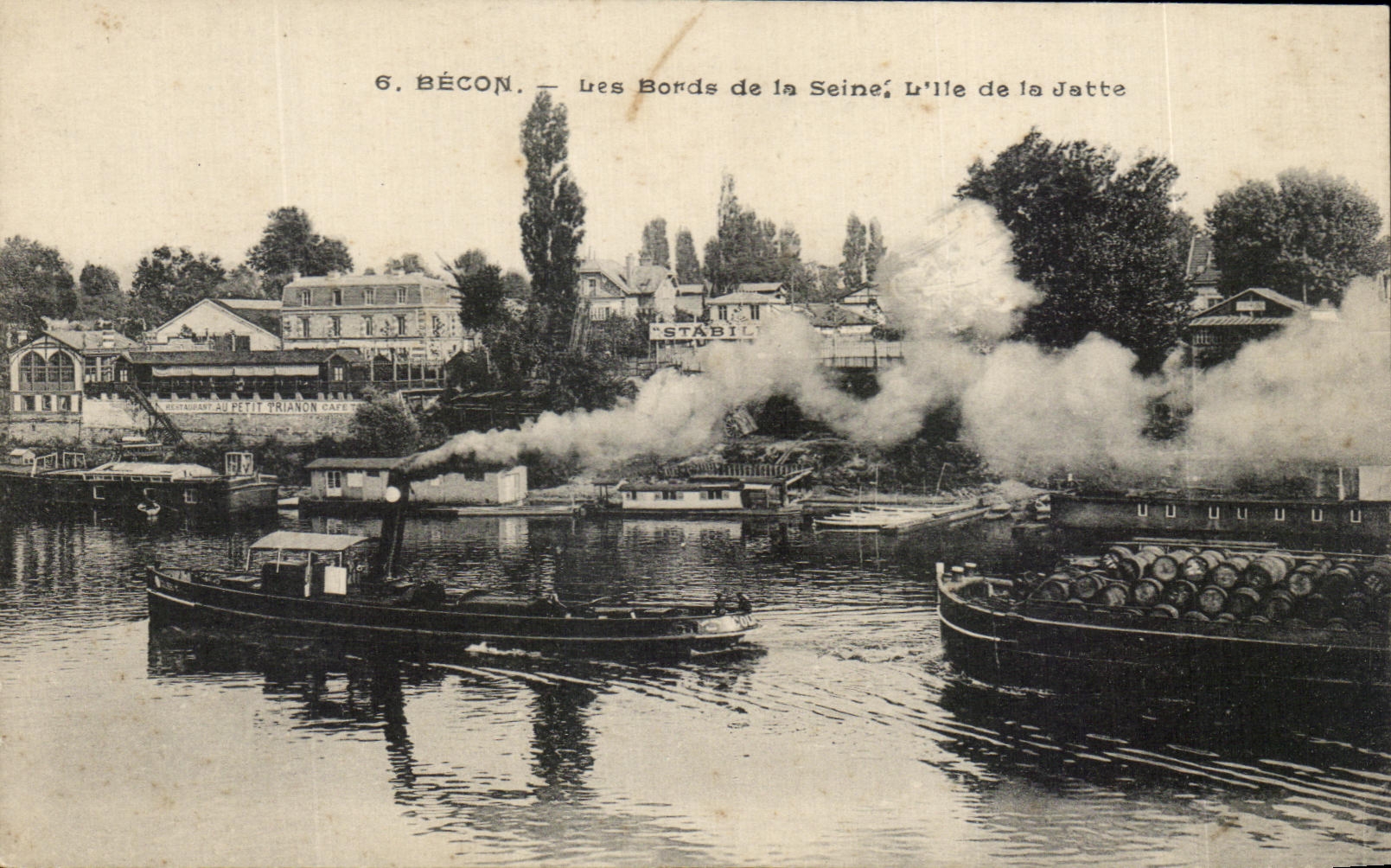 VINTAGE POSTCARD Becon Edges of the Seine L Island of the Bowl Boat Barge