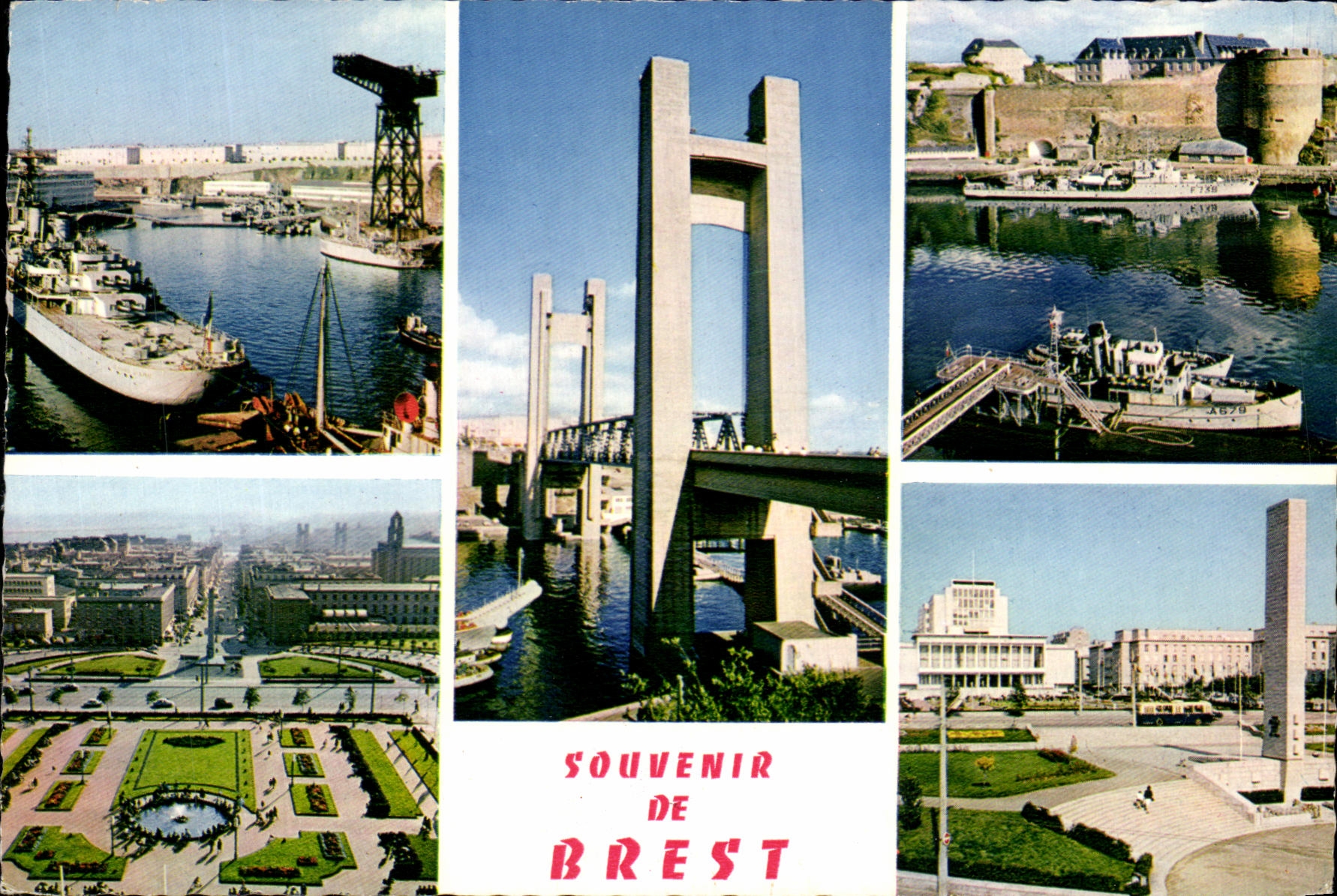 CPM Souvenir De Brest Arsenal Pont national Penfeld et le chateau Place de la liberte Hotel de ville et monument aux mo