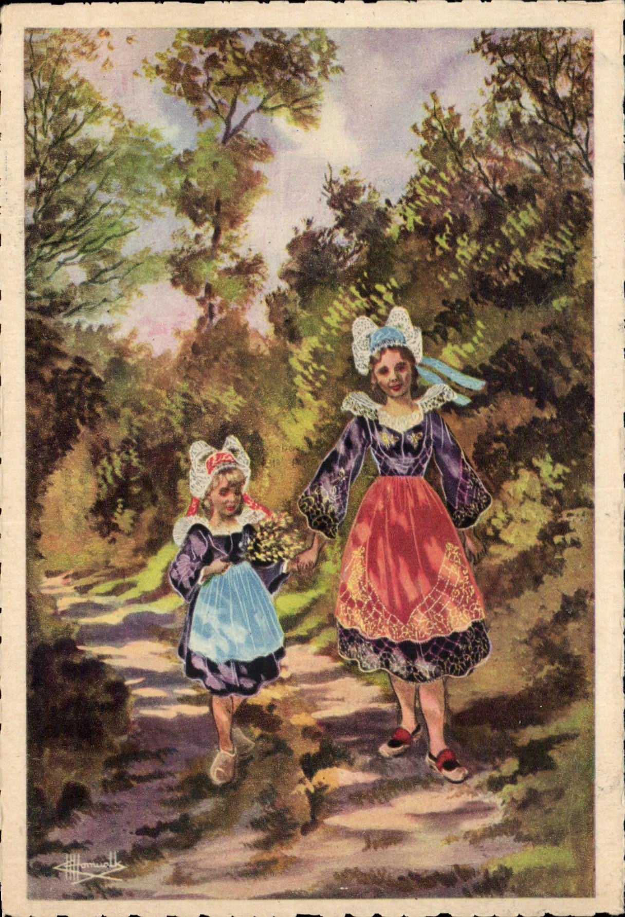 VINTAGE POSTCARD Fouesnant Sunken lane Fouesnant Folklore Costume