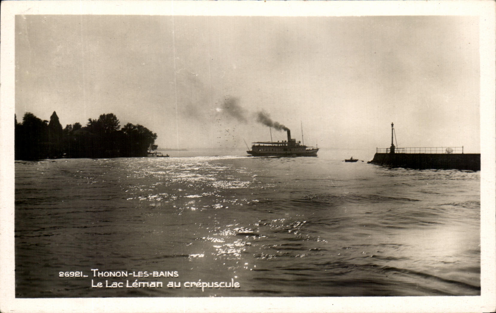 VINTAGE POSTCARD Thonon Les Bains the Lake Leman in CrepusculeBateau