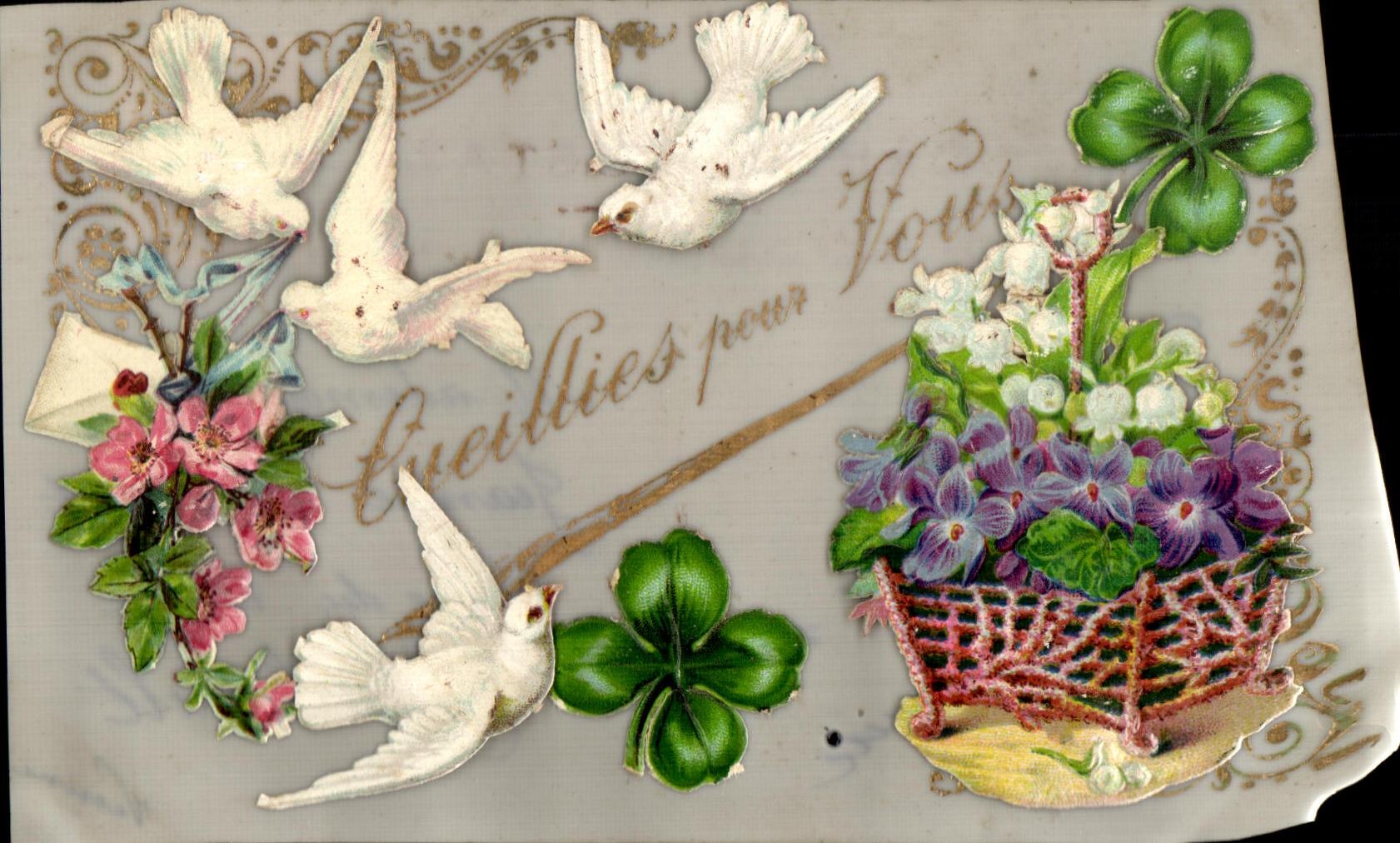 Flores del trebol de las palomas de la fantasia de la POSTAL de la VENDIMIA