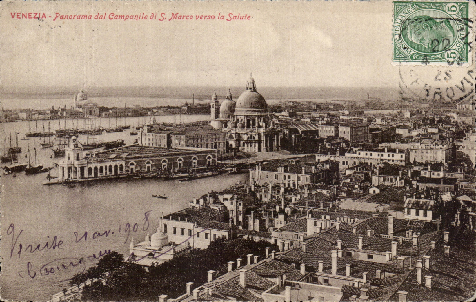 VINTAGE POSTCARD Venezia Panorama Dal Bell tower di S Marco back Salute