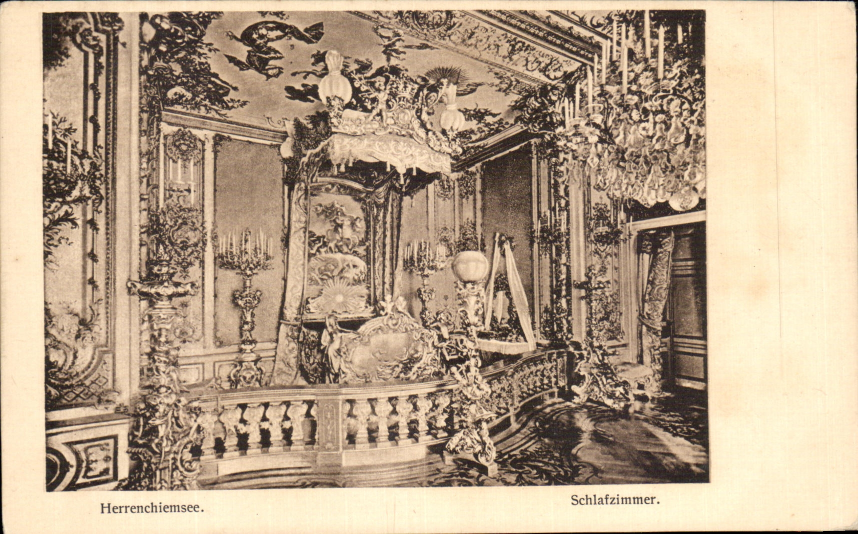 VINTAGE POSTCARD Herrenchiemse Schlafzimmer