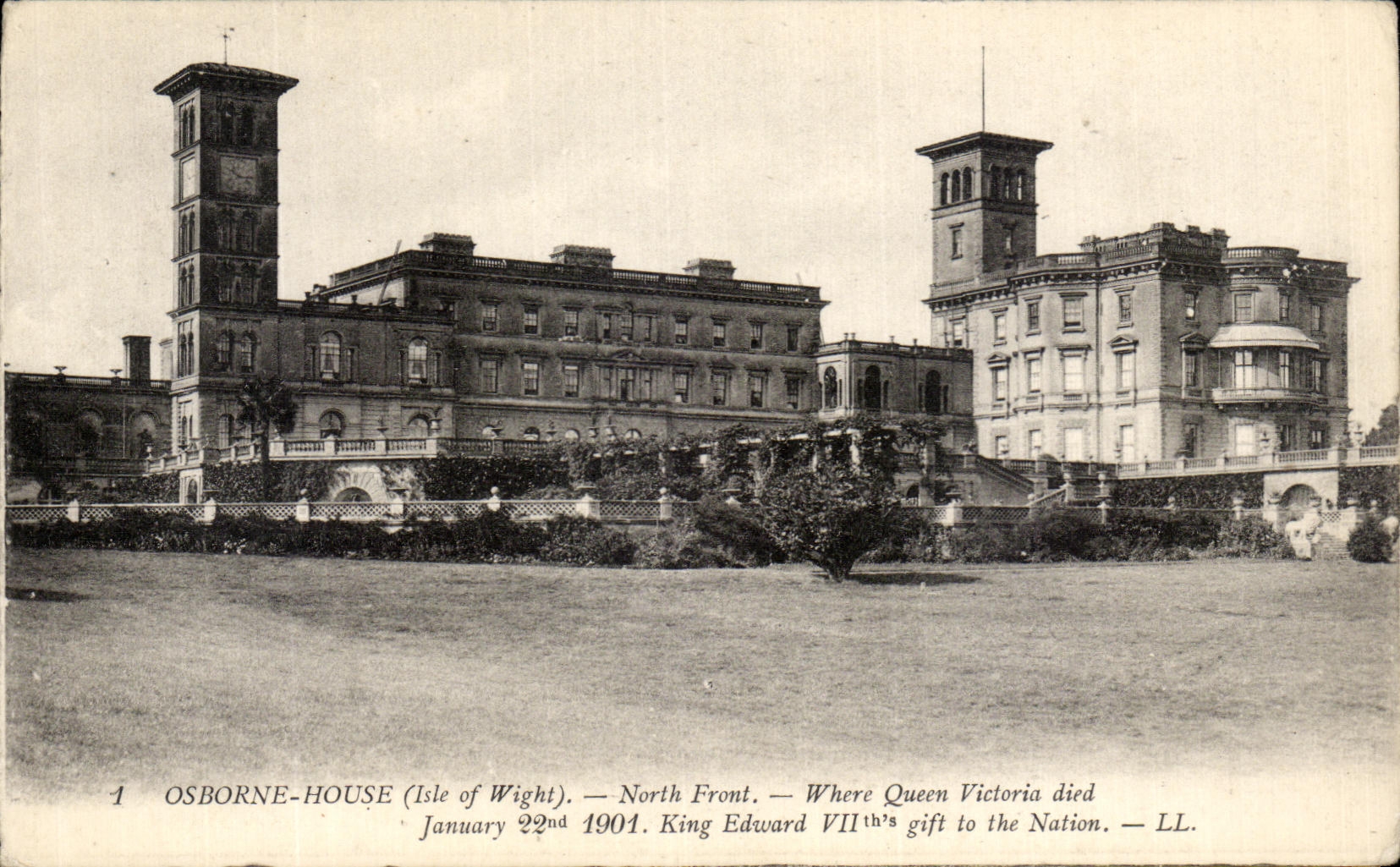 Cara del norte de la casa de Osborne de la POSTAL de la VENDIMIA donde la reina Victoria murio en 1901