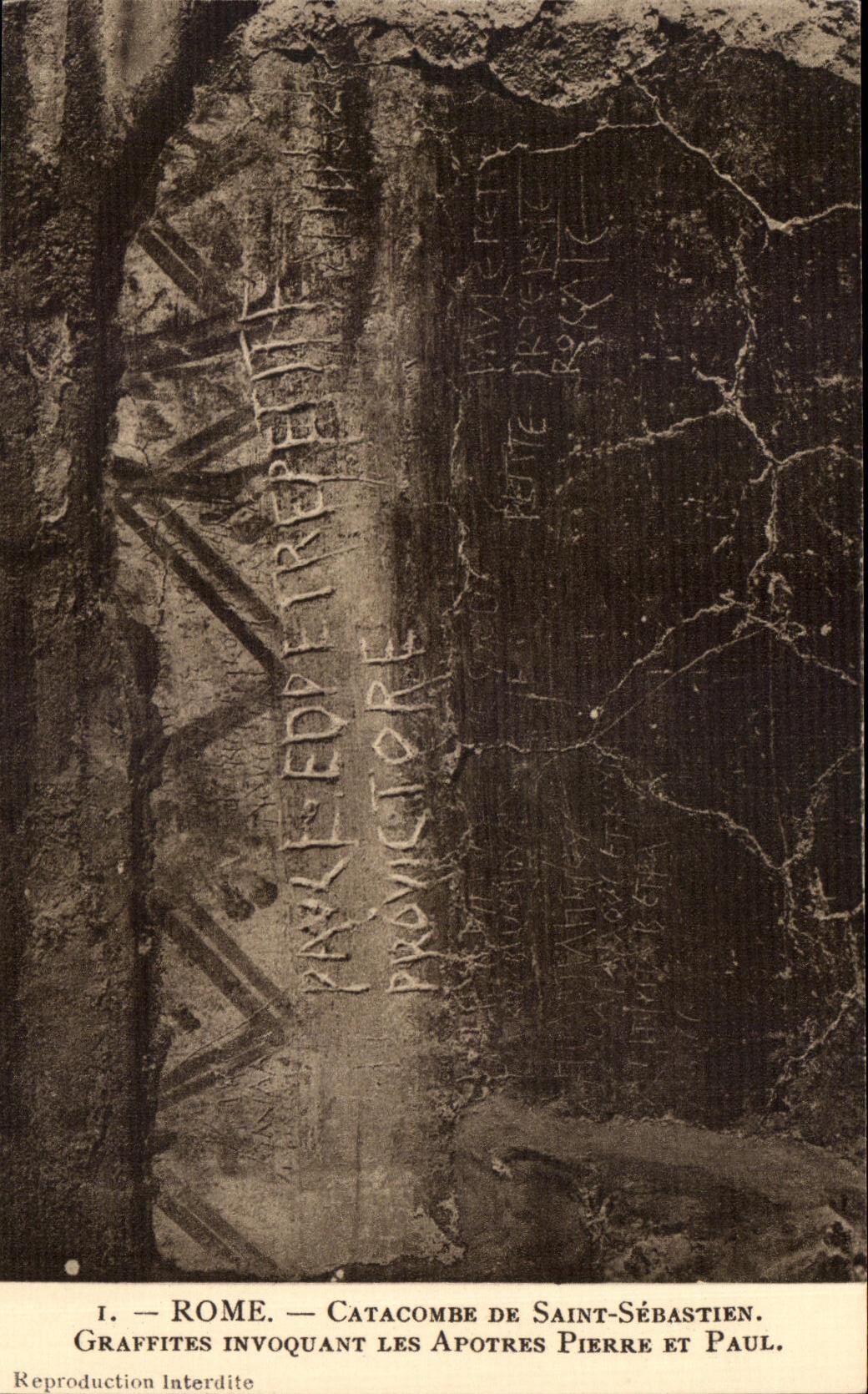 Catacumba de Roma de la POSTAL de la VENDIMIA Saint de Sebastien Graffites que invita a los apostoles Pedro y Paul