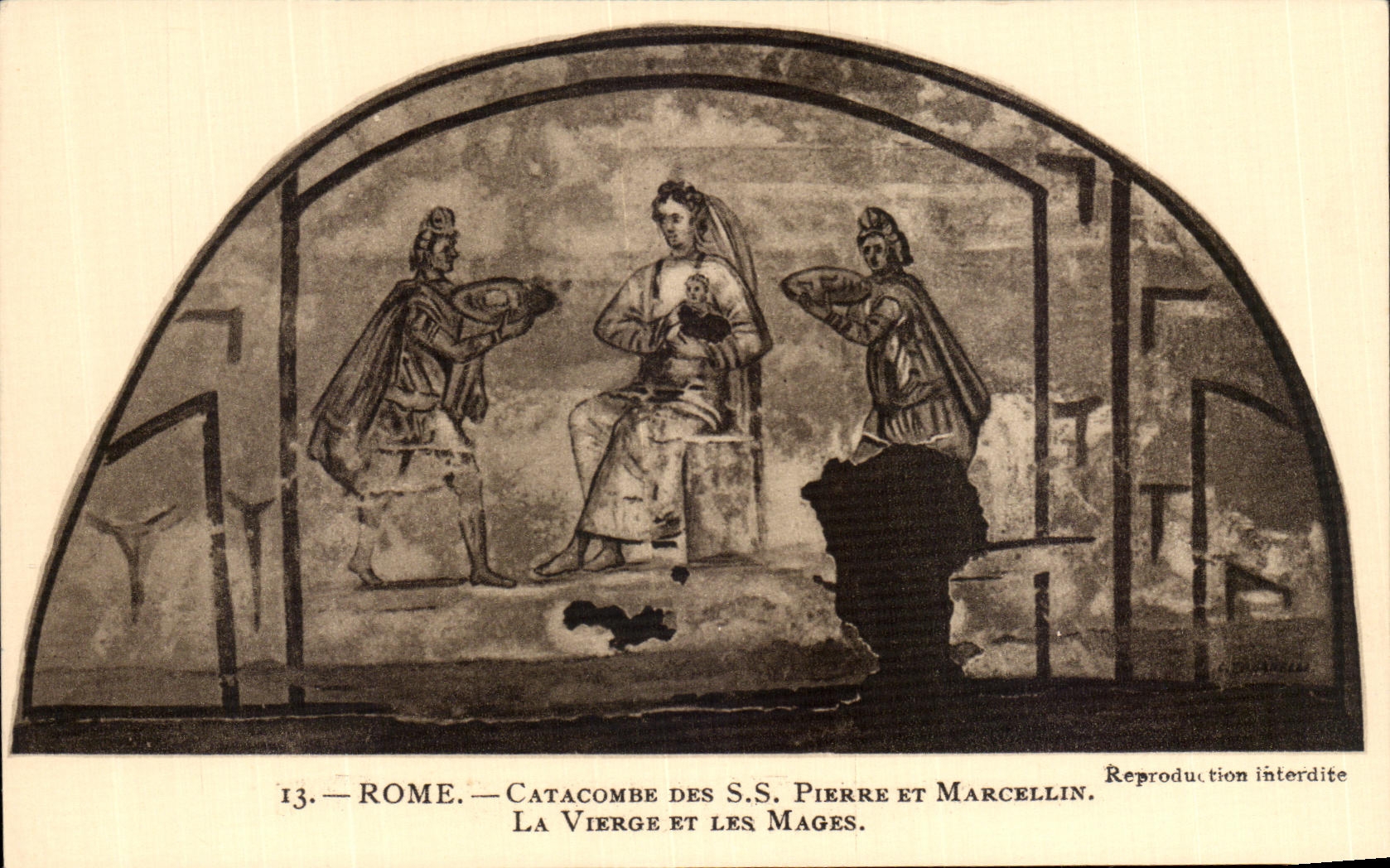 Catacumba de Roma de la POSTAL de la VENDIMIA del S Pedro y Marcelino la virgen y unos de los reyes magos