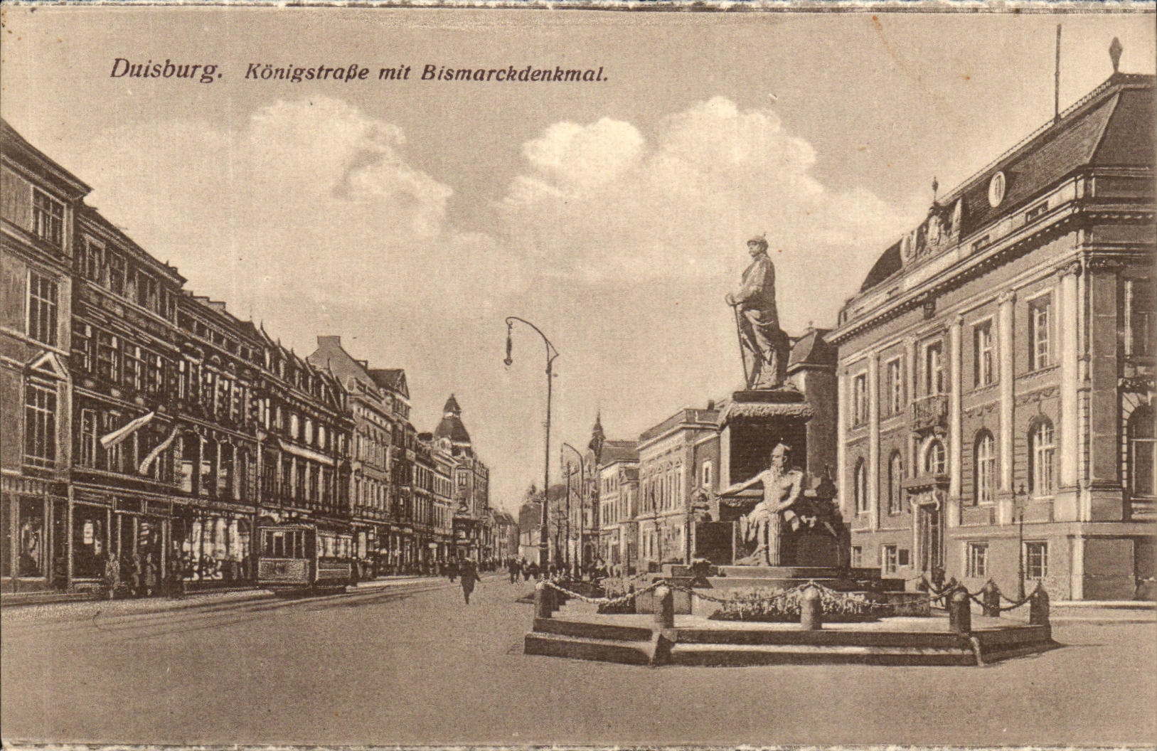 VINTAGE POSTCARD Duisburg Konigsplatz MIT Bismarckdenkmal
