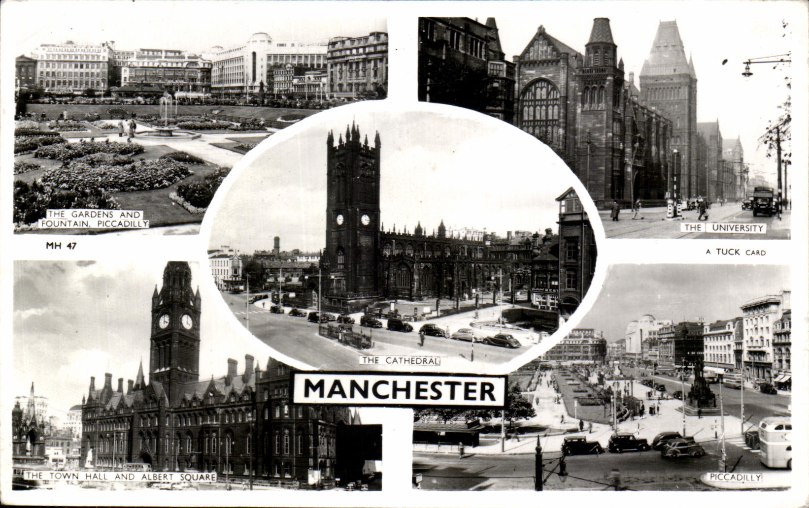 MODERN CARD Manchester Gardens and Fountain Piccadilly University Albert Square