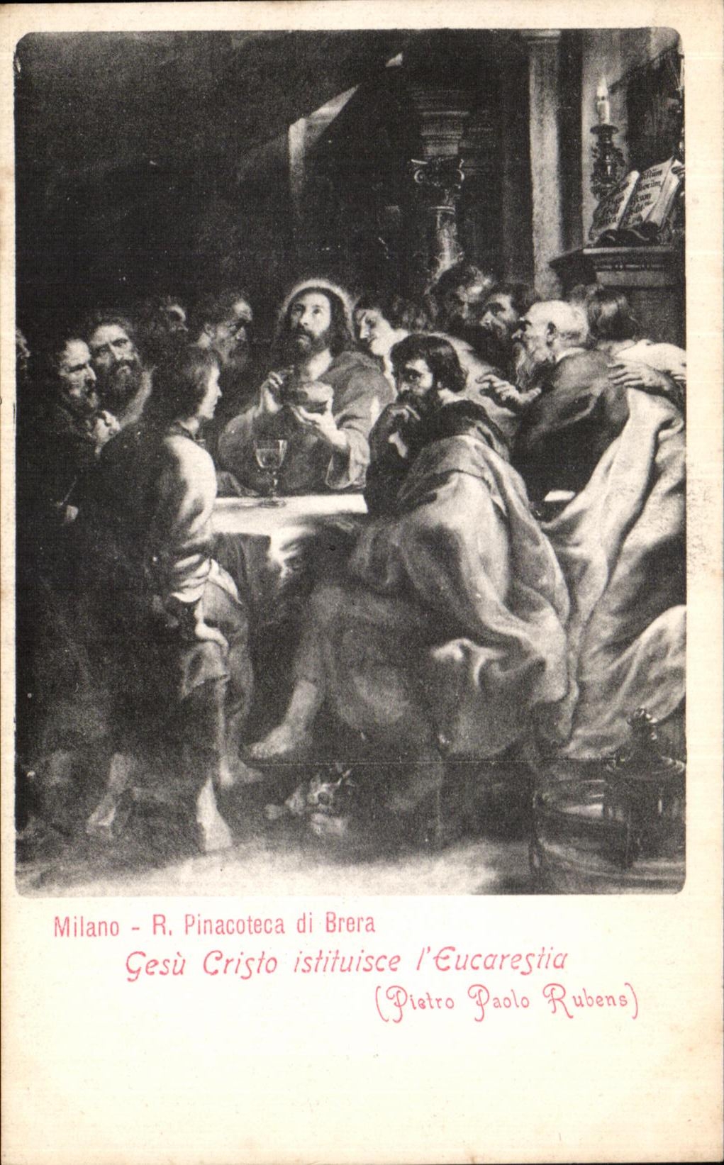 VINTAGE POSTCARD Milano R Pinacoteca di Brera Gesu Cristo istuisce L eucarestia Pietro palo Rubens