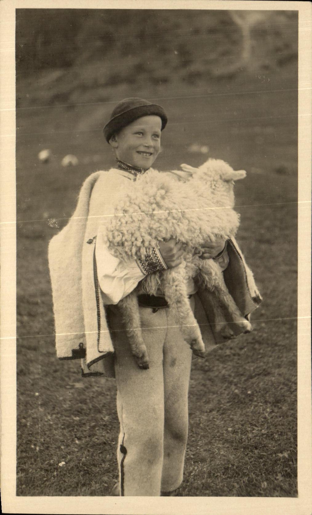 VINTAGE POSTCARD child shepherd and lamb Slovakia Sheep