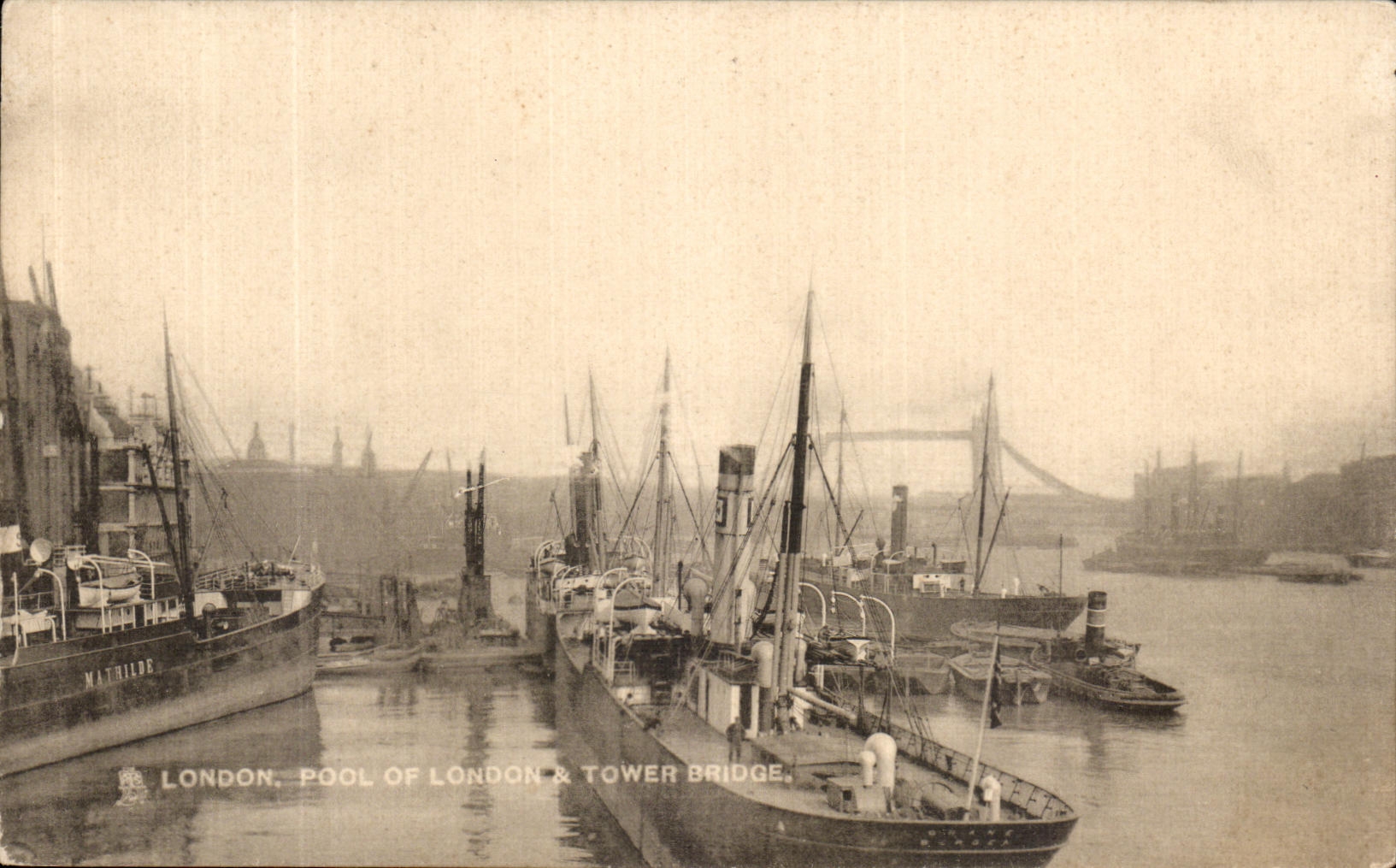 VINTAGE POSTCARD London Pool off London Tower Bridge Mathilde Boats