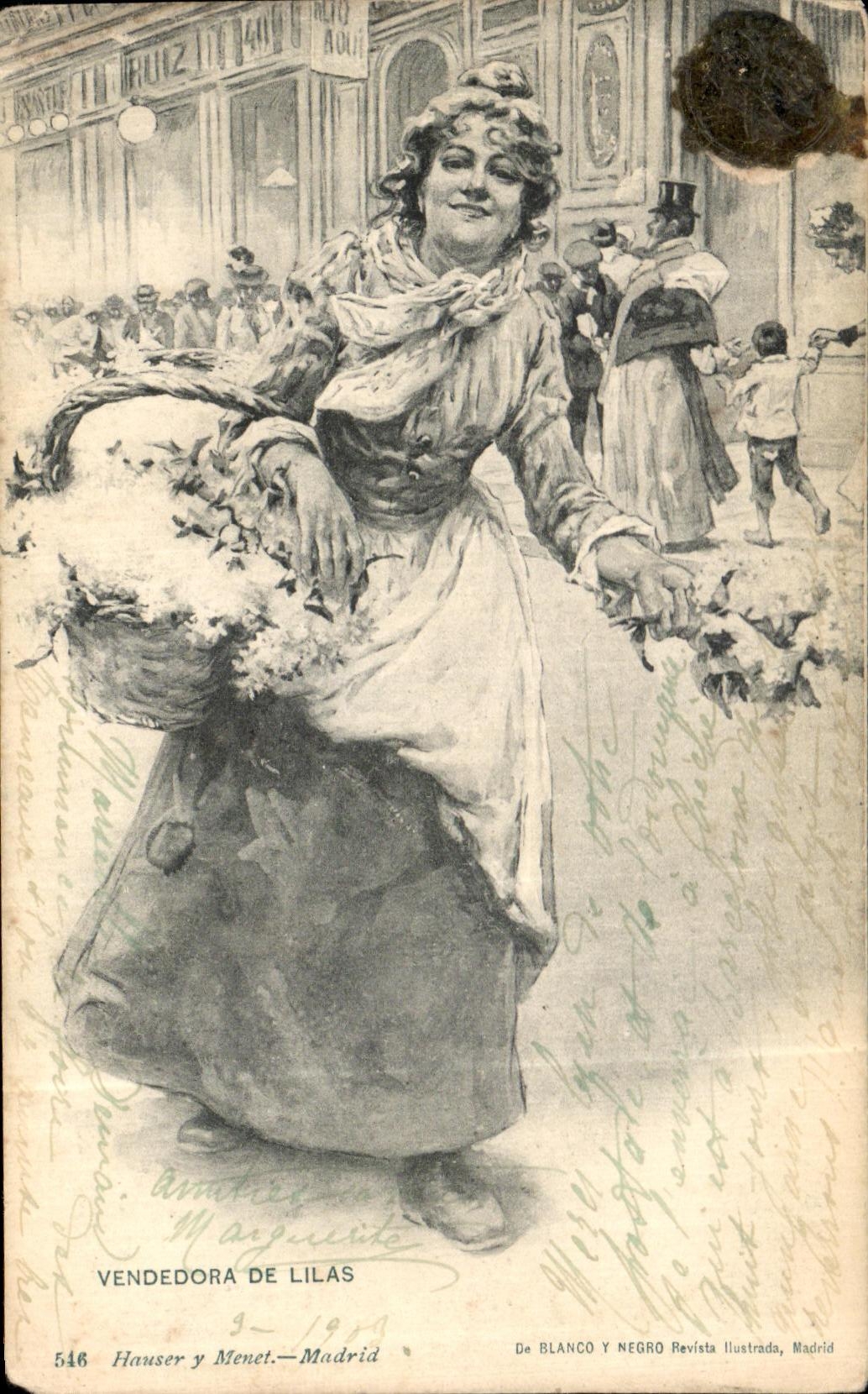VINTAGE POSTCARD Vendedora De Lilas Saleswomen of flowers