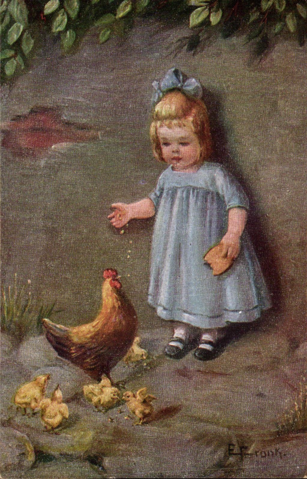 VINTAGE POSTCARD Child and hens