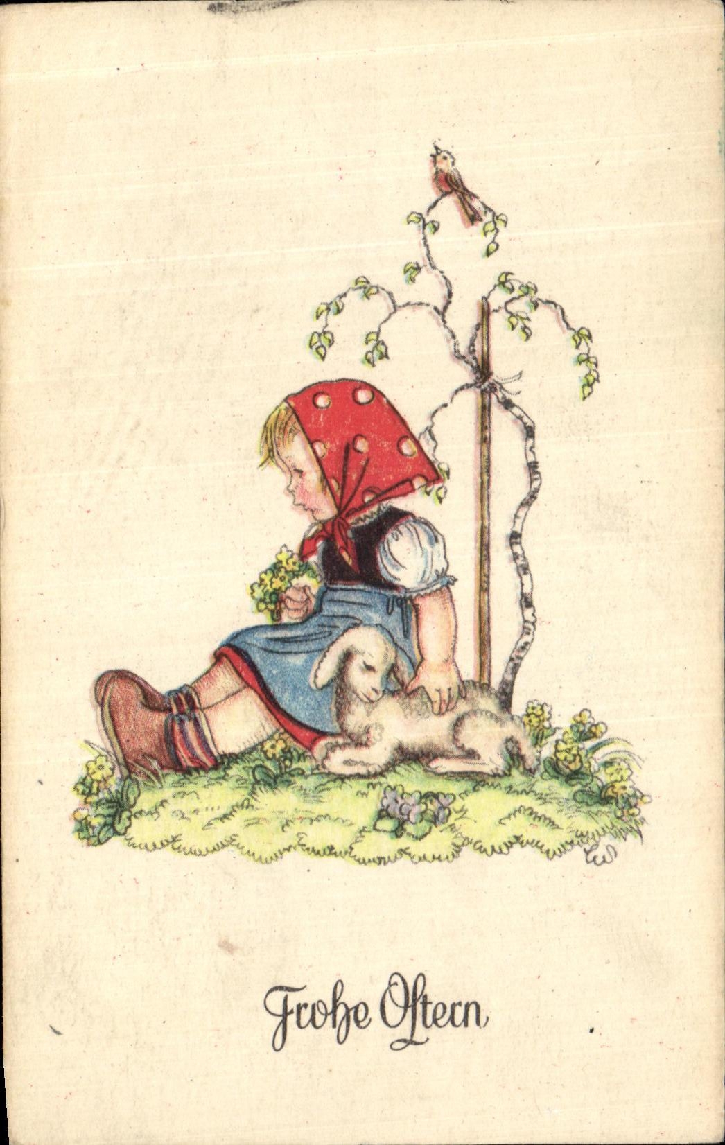 VINTAGE POSTCARD Enfant barrel Agneau