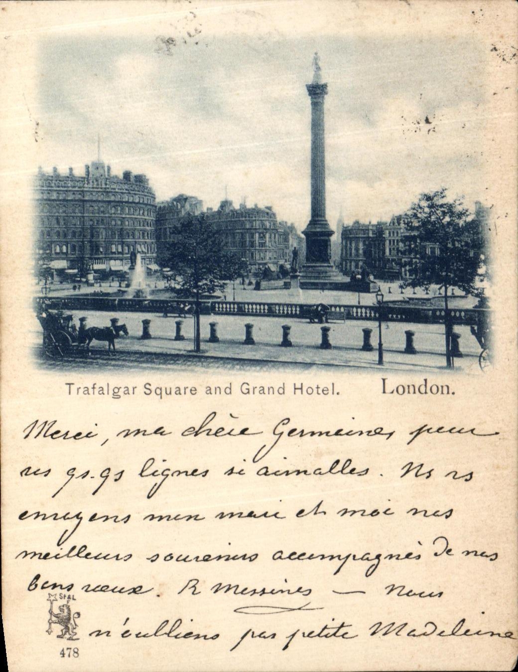 VINTAGE POSTCARD London Trafalgar Public garden and Large Hotel