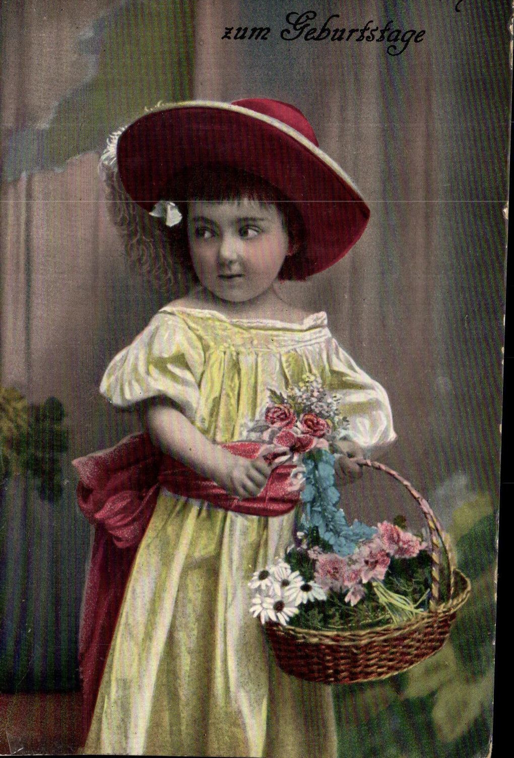 VINTAGE POSTCARD Child with the basket of flowers