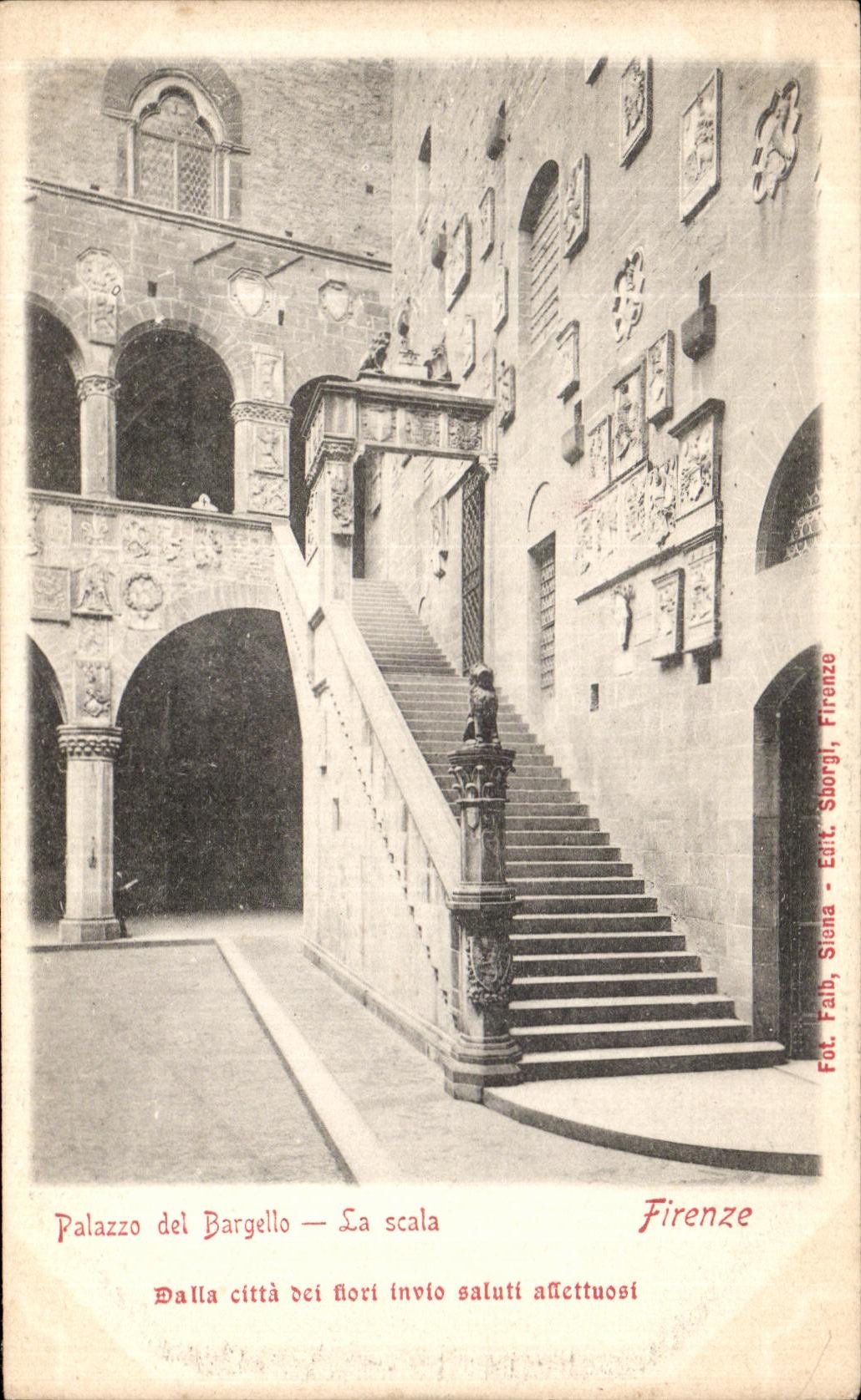 El La Scala de Palazzo Del Bargello de la POSTAL de la VENDIMIA pavimento Citta Dei Nori Invio Saluti Affettuosi Firenze