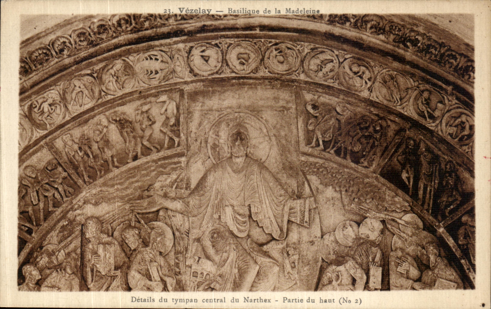 VINTAGE POSTCARD Vezelay Basilica of the madeleine Detail of the central Tympanum of Narthex Left the top