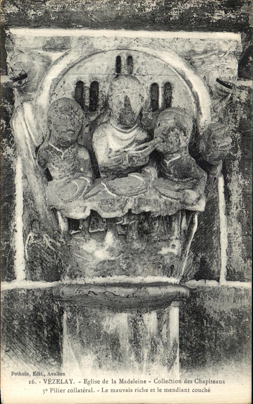 CPA Vezelay Facade Eglise de la madeleine Collection des Chapiteau Pilier Collaterial Le mauvais riche et le mendiant co