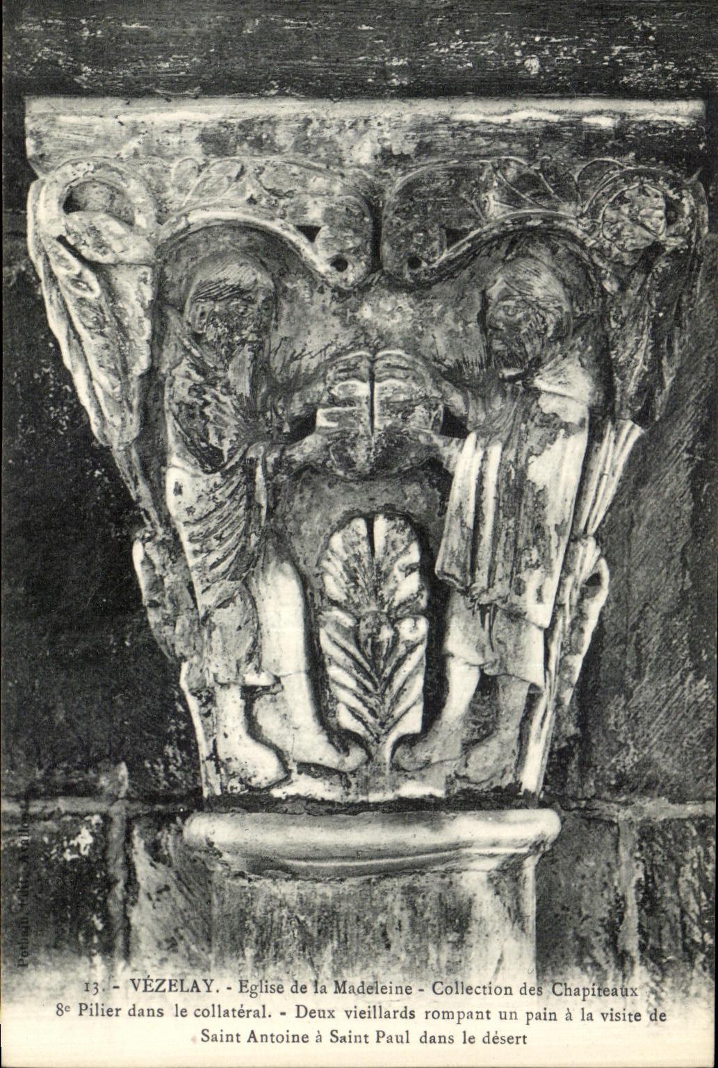 CPA Vezelay Facade Eglise de la madeleine Collection des Chapiteau Deux vieillards rompant un pain a la visite de Saint