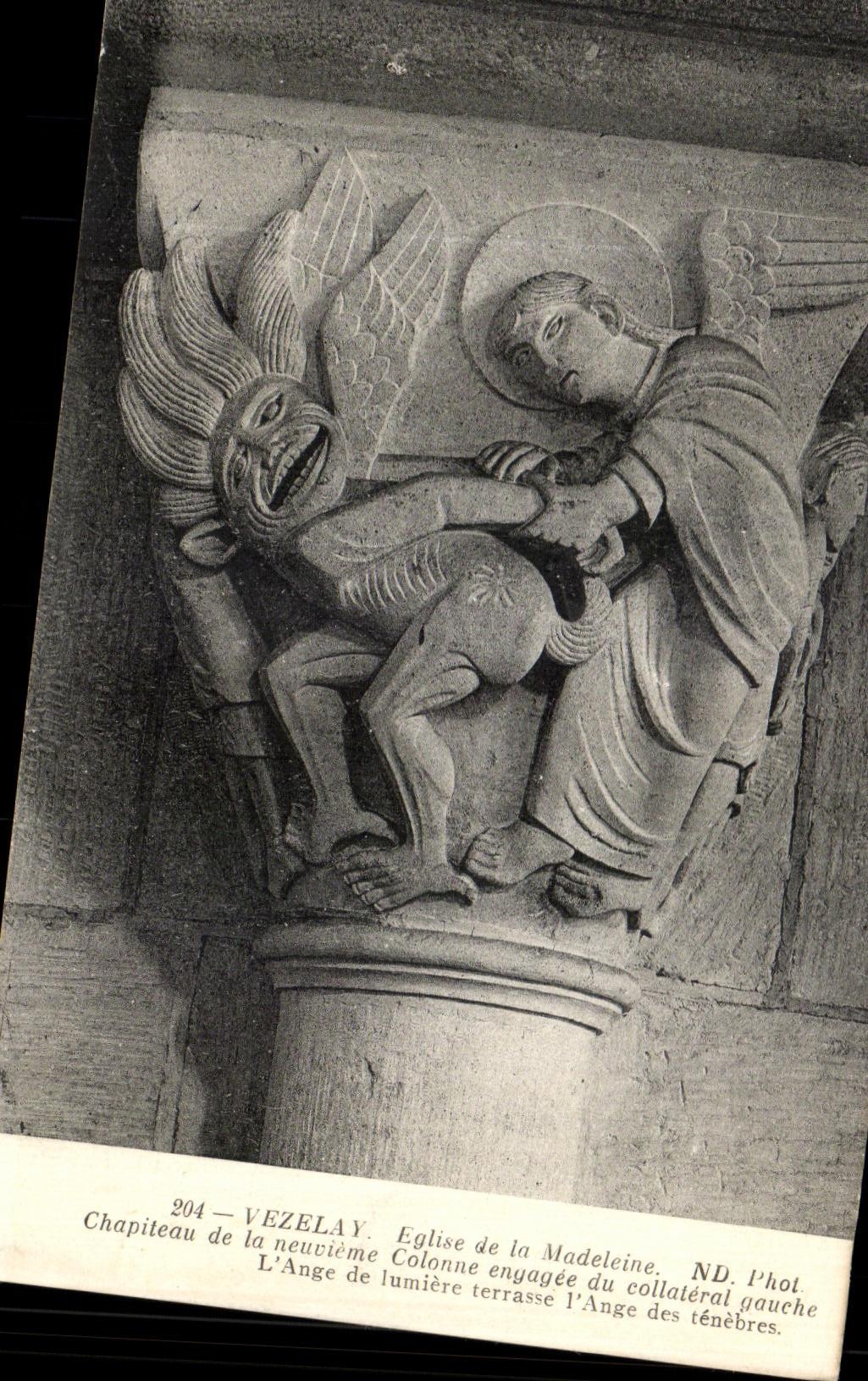 VINTAGE POSTCARD Vezelay Church of the Madeleine Capital of the Seventh imbedded Column of Collateral the Left L angel of light