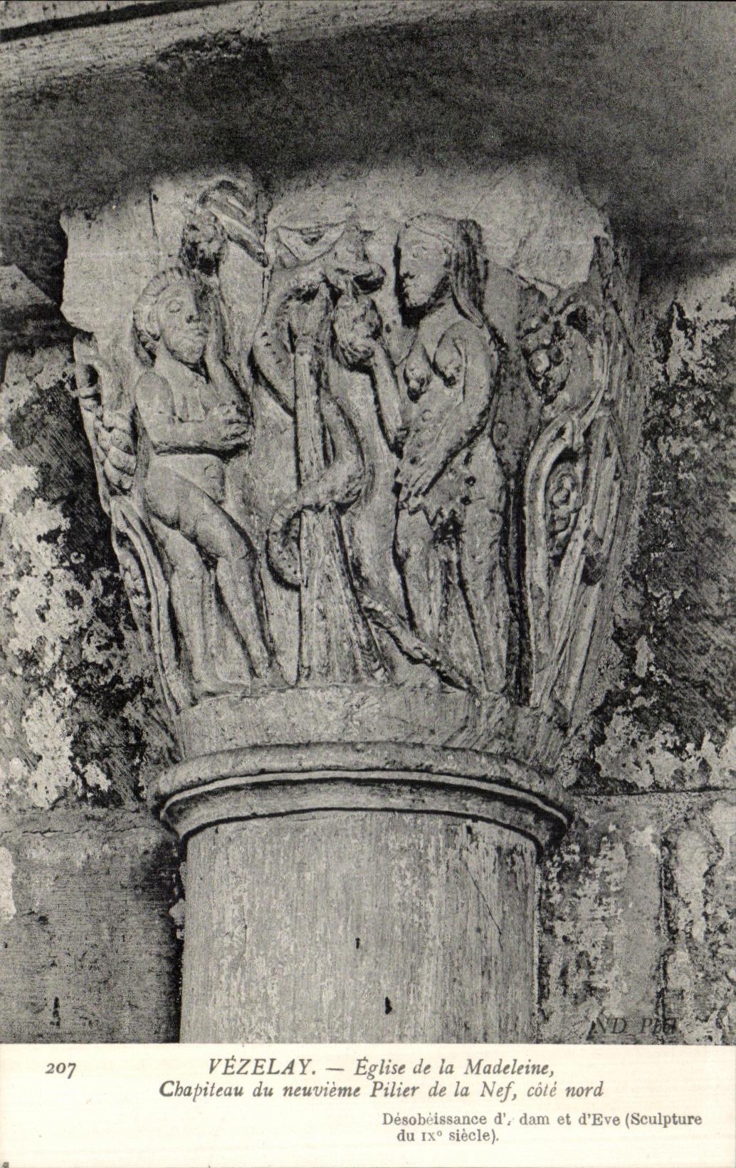 VINTAGE POSTCARD Vezelay Church of the Madeleine Capital of the nevieme pillar of the Nave East coast