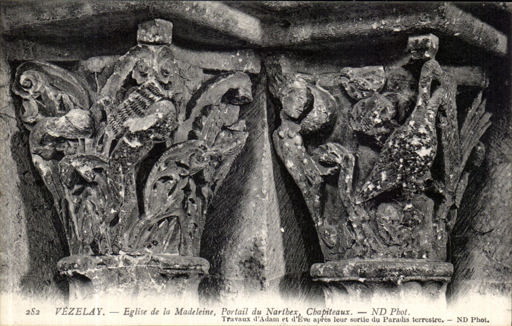 VINTAGE POSTCARD Vezelay Church of the Madeleine Gate of Narthex Capitals Work D Adam and D Eve after Their exit of the Paradise You