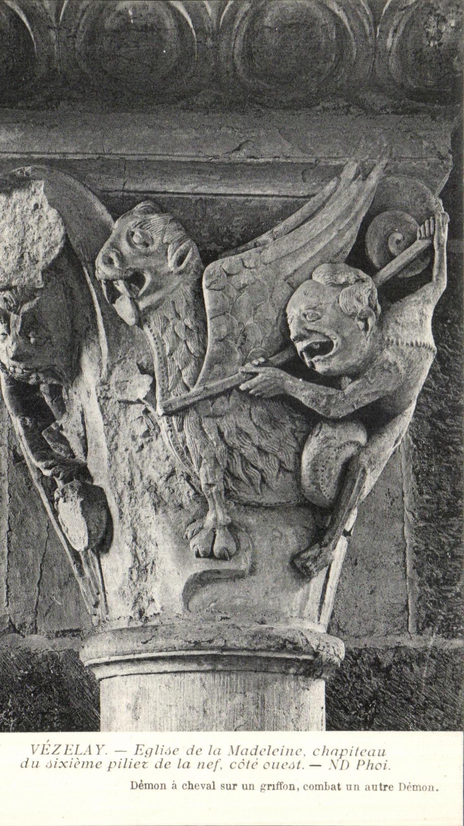 VINTAGE POSTCARD Vezelay Eglise of the Madeleine Chapiteau of the Sixth Pillar of the Nave West coast Demon has horse on a griffon
