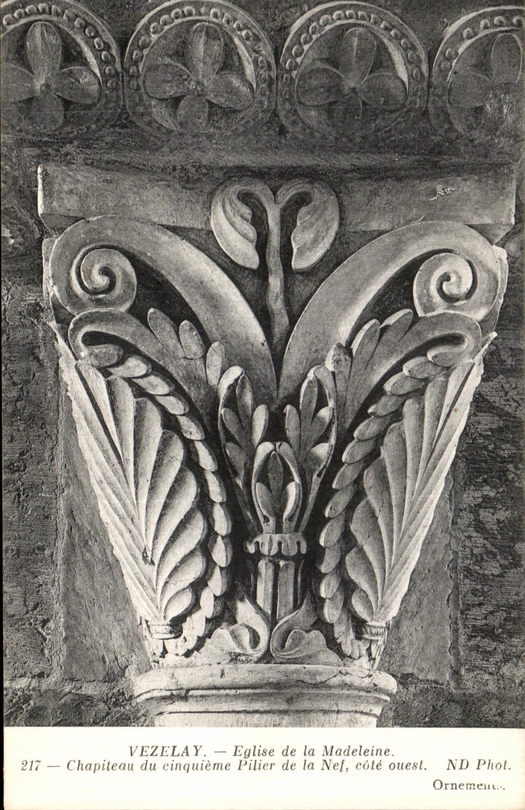 VINTAGE POSTCARD Vezelay Church of the Madeleine Capital of the Fifth Pillar of the Nave West coast