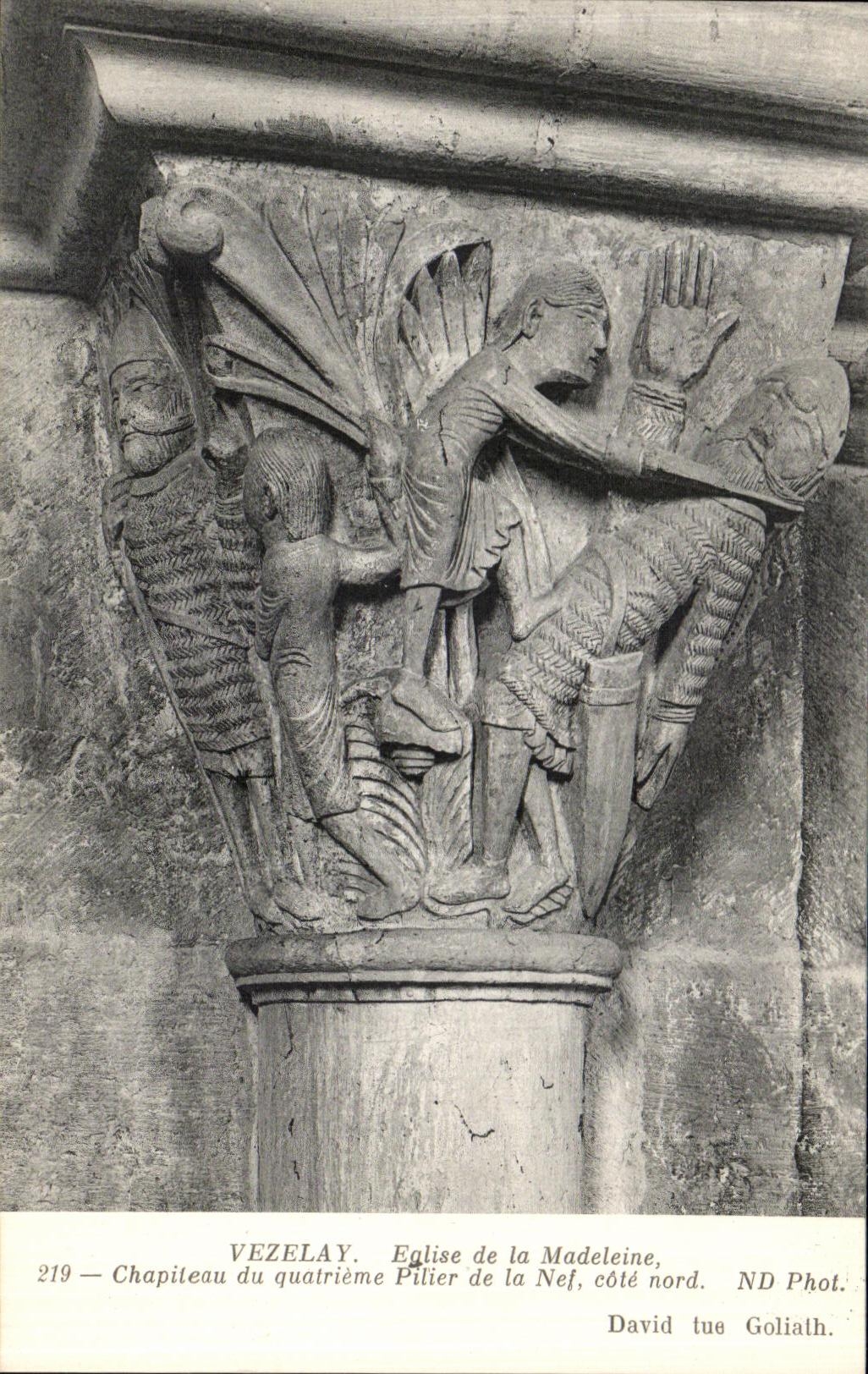 VINTAGE POSTCARD Vezelay Eglise of the Madeleine Chapiteau of the fourth Pillar of the Nave Dimensions Northern David keep silent Goliath